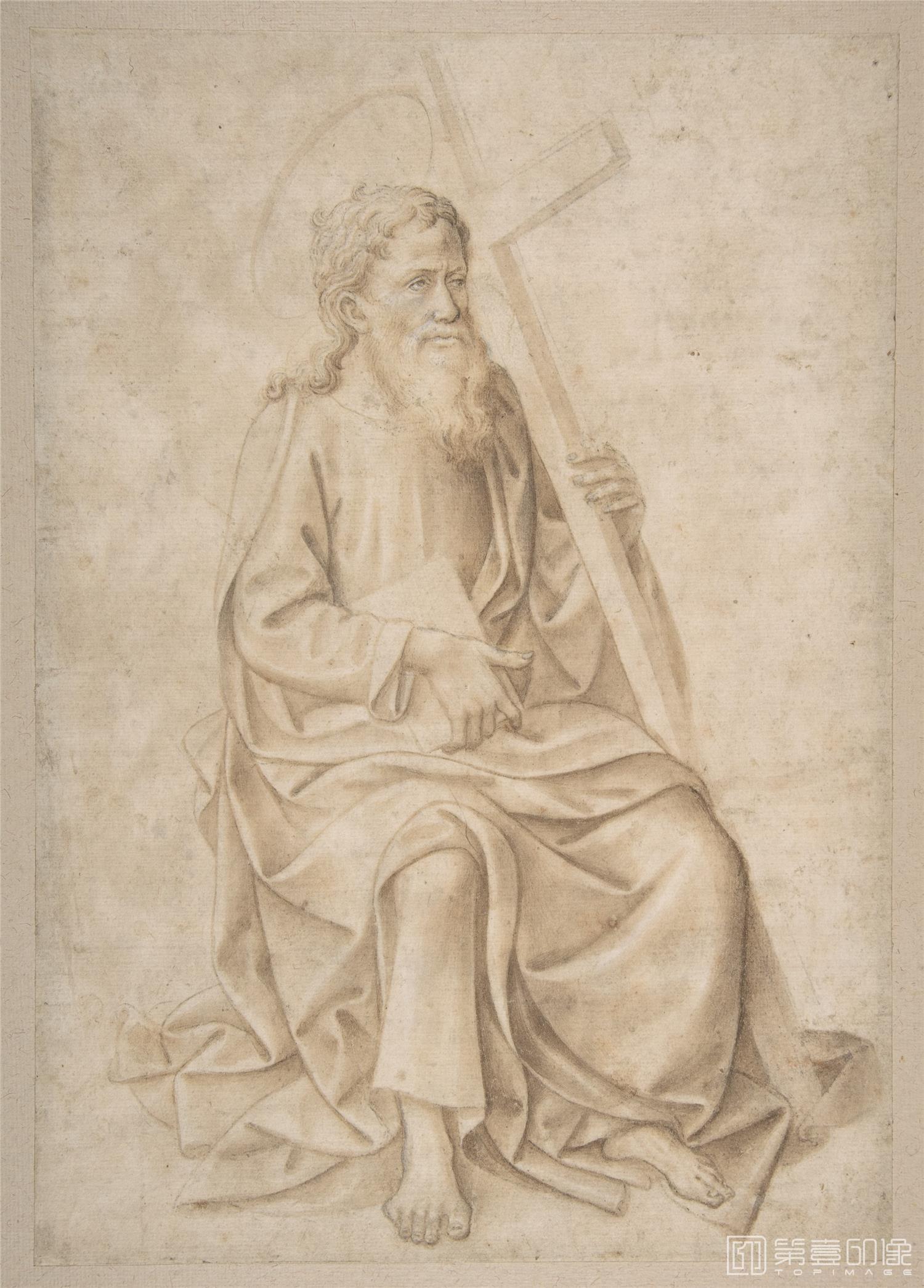 素描-美国纽约大都会美术馆素描藏画-PesellinoSaint Philip Seated, Holding a Book and a Cross-1386